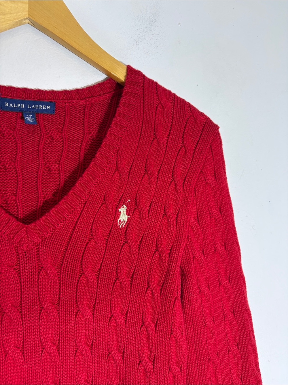 Ralph Lauren Cable Knit V-Neck Sweater Red Cotton Pony Logo Small - Picture 4 of 10